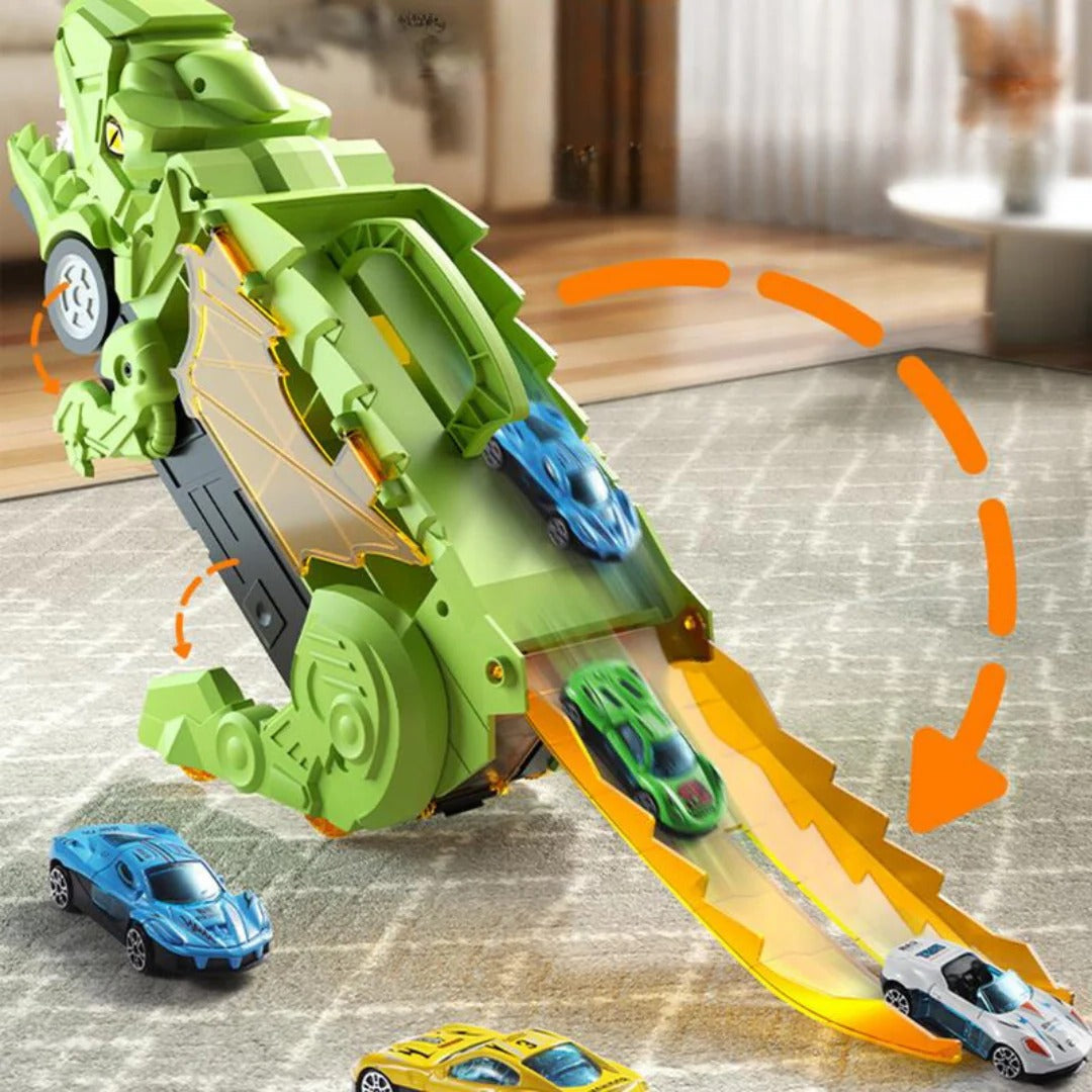 Convertible Dinosaur Truck Playset with Dual Racing Tracks and 3 Mini Cars, Ages 3
