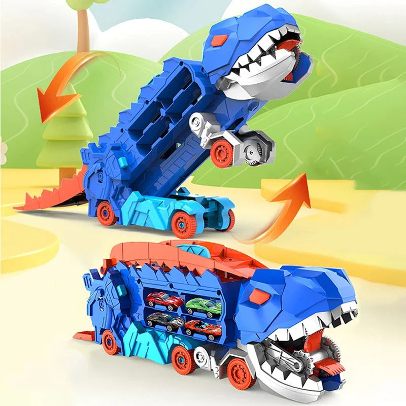 Convertible Dinosaur Truck Playset with Dual Racing Tracks and 3 Mini Cars, Ages 3