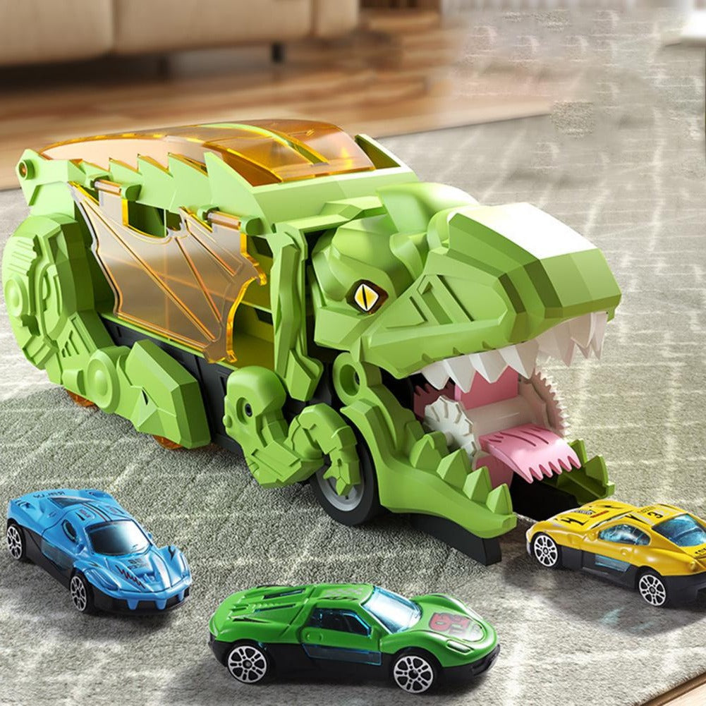 Convertible Dinosaur Truck Playset with Dual Racing Tracks and 3 Mini Cars, Ages 3