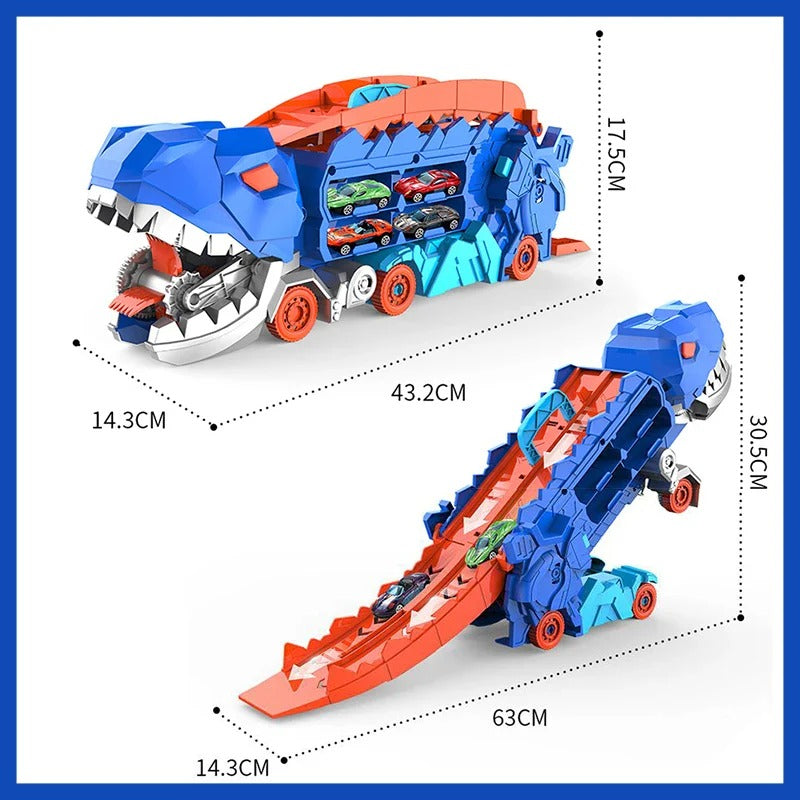 Convertible Dinosaur Truck Playset with Dual Racing Tracks and 3 Mini Cars, Ages 3