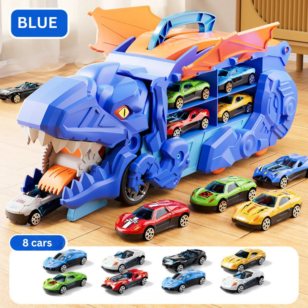 Convertible Dinosaur Truck Playset with Dual Racing Tracks and 3 Mini Cars, Ages 3