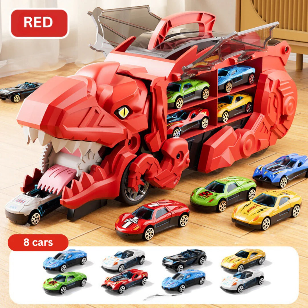 Convertible Dinosaur Truck Playset with Dual Racing Tracks and 3 Mini Cars, Ages 3