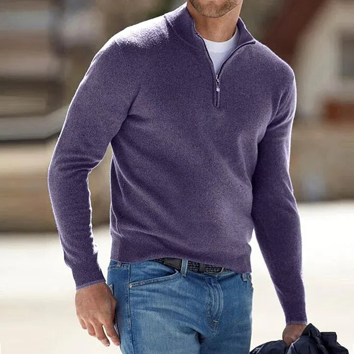 Cashmere Sweater for Men with Zip Front and Regular Fit, Long Sleeve
