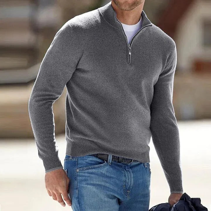Cashmere Sweater for Men with Zip Front and Regular Fit, Long Sleeve