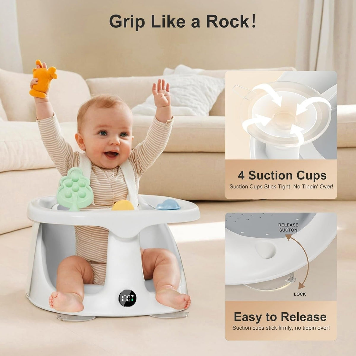 Baby Bath Seat for 6 Months + Non Slip Bathtub Seat with Rinse Cup, Comfortable Infant Bath Support for Sitting Babies