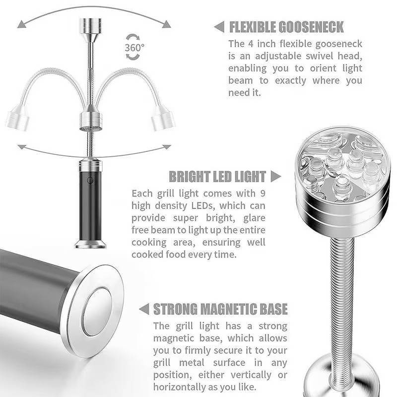 2 Pack BBQ Grill Light Magnetic Base, Bright LED with 360 Degree Flexible Gooseneck for Outdoor Grilling