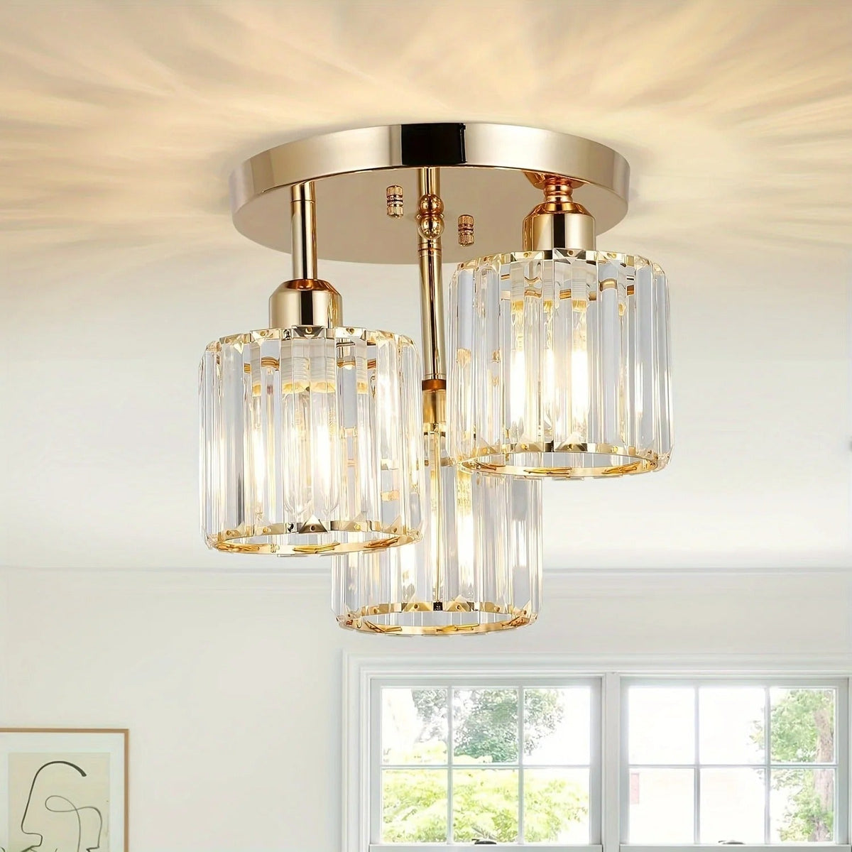 Modern Gold Crystal Ceiling Light | 3-Light Semi Flush Mount