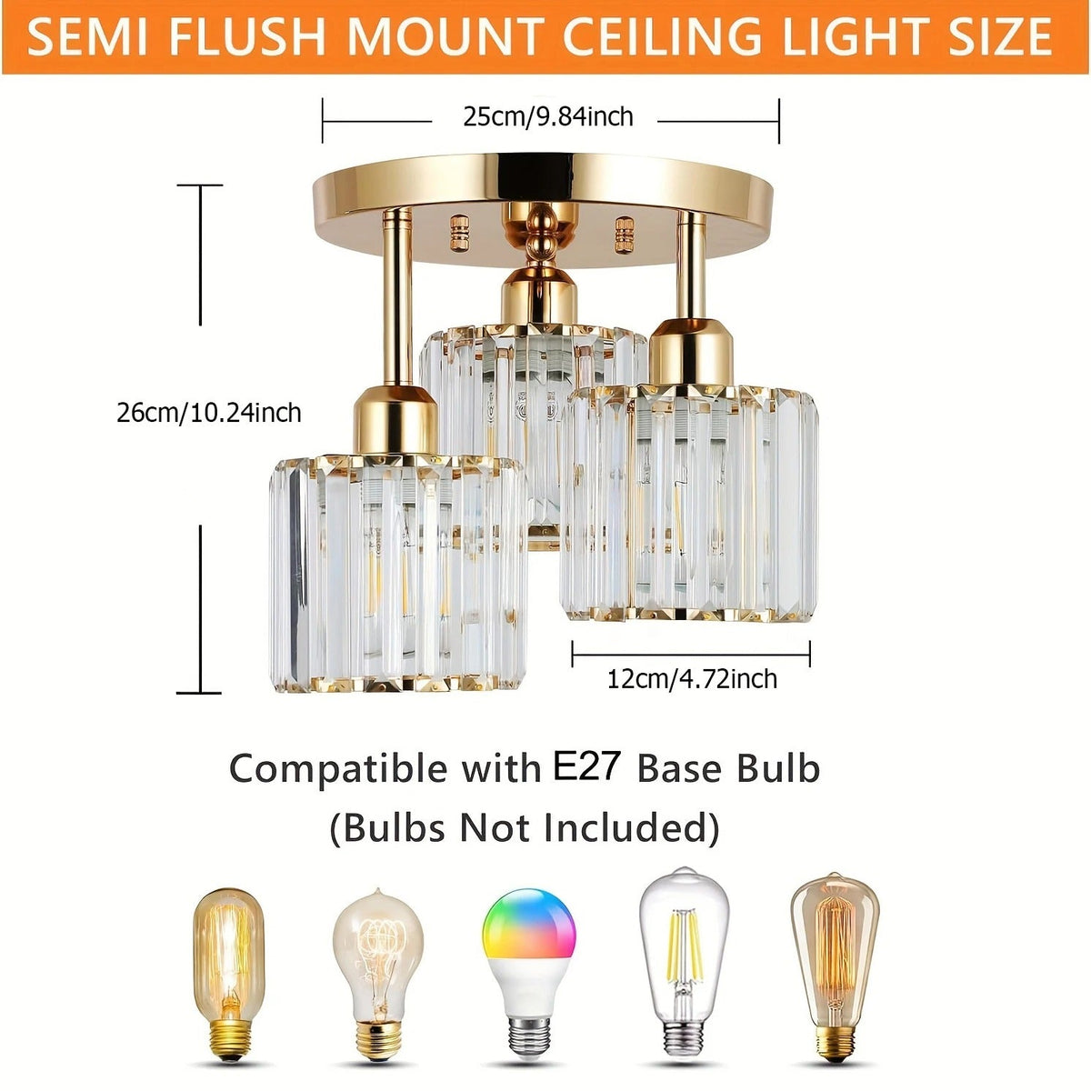 Modern Gold Crystal Ceiling Light | 3-Light Semi Flush Mount