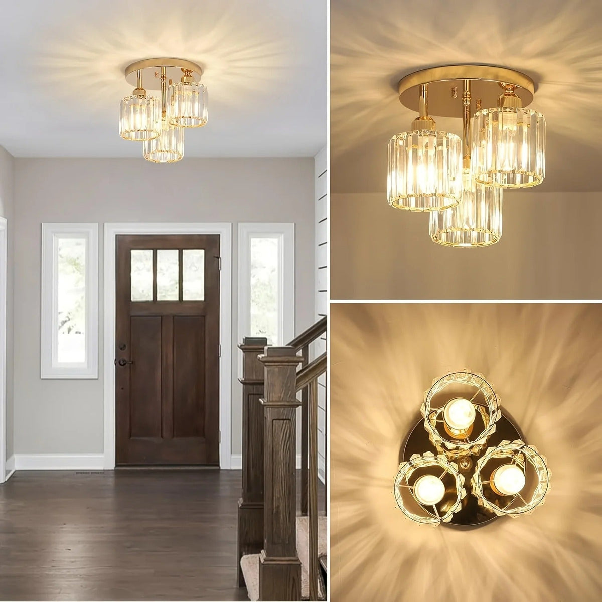 Modern Gold Crystal Ceiling Light | 3-Light Semi Flush Mount