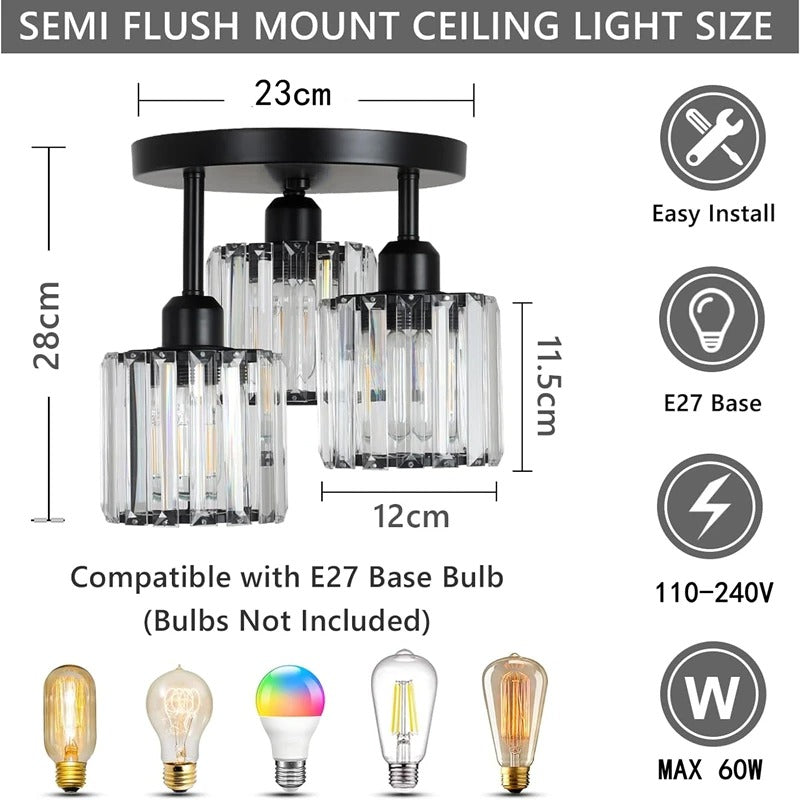 Modern Gold Crystal Ceiling Light | 3-Light Semi Flush Mount