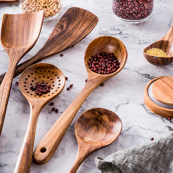Natural Teak Wood Kitchen Utensils – Eco-Friendly, Non-Toxic Cooking Spoons, Cookware for Home Everyday Use