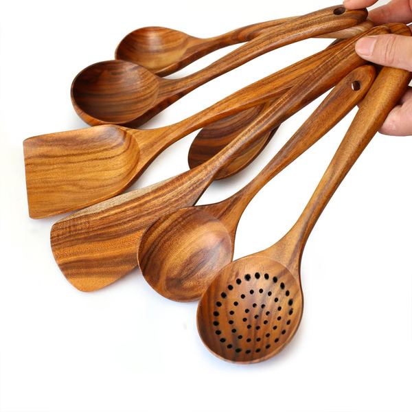 Natural Teak Wood Kitchen Utensils – Eco-Friendly, Non-Toxic Cooking Spoons, Cookware for Home Everyday Use
