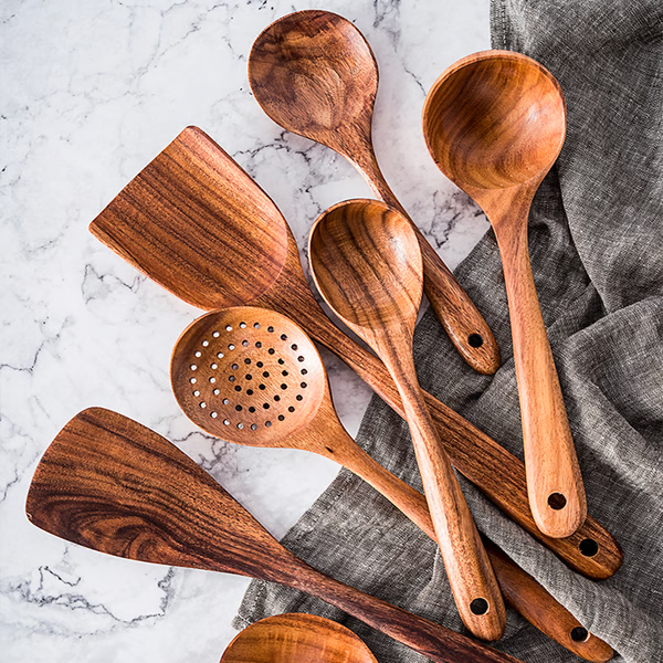 Natural Teak Wood Kitchen Utensils – Eco-Friendly, Non-Toxic Cooking Spoons, Cookware for Home Everyday Use