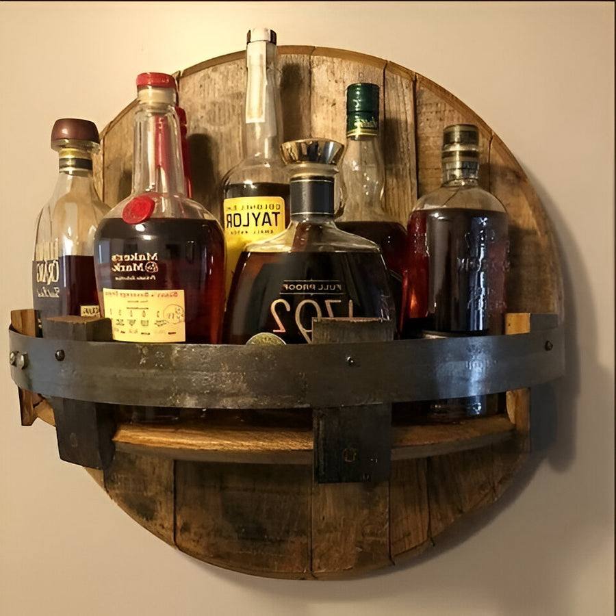 Bourbon Whiskey Barrel Shelf for Home Bars, Rustic Oak Display