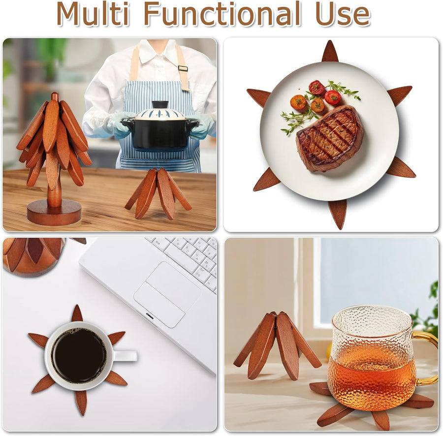 Wooden Trivet For Hot Dishes, Tree-Shaped Solid Wood Design