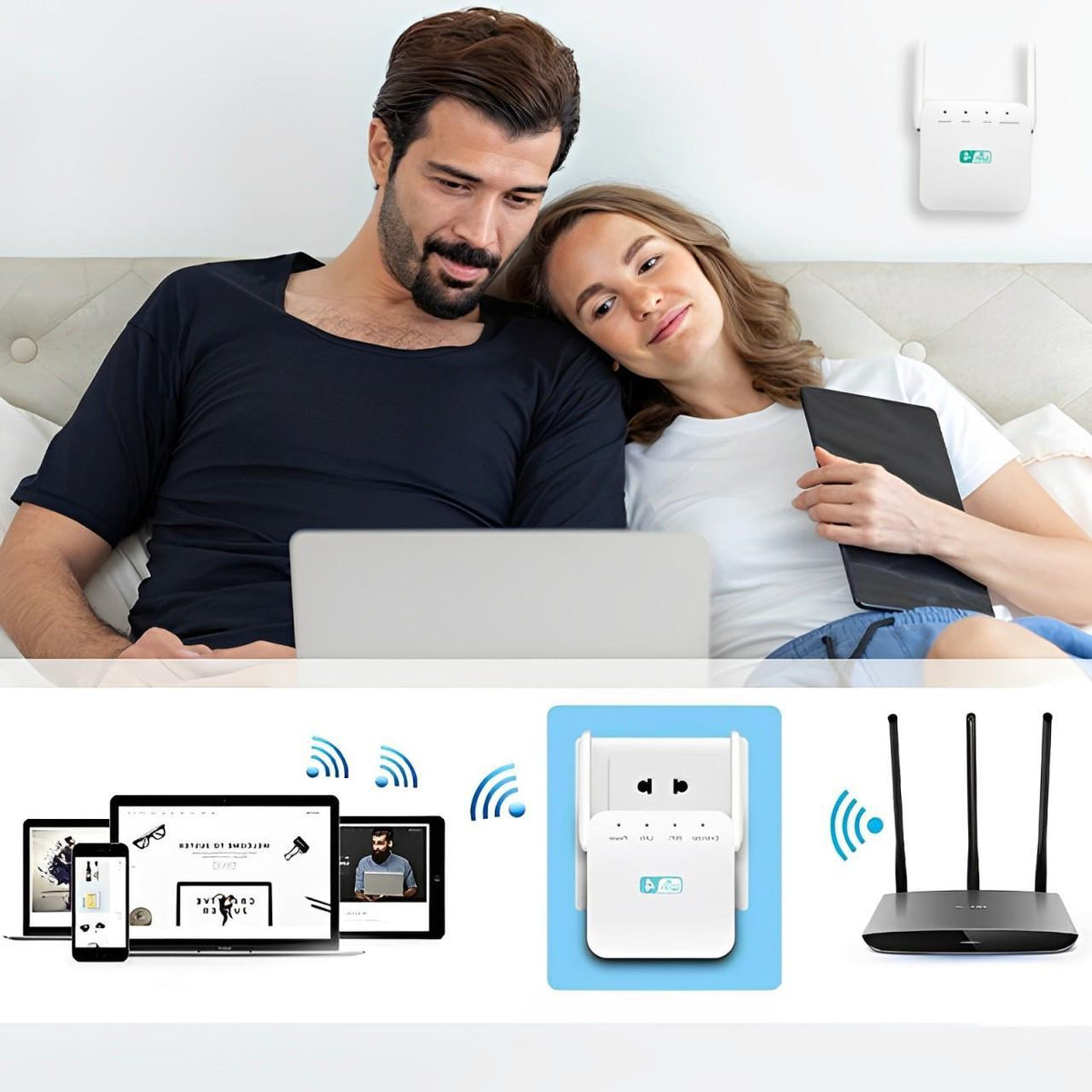WiFi Range Extender with High-Gain Antennas and Gigabit LAN Port, Dual-Band Coverage