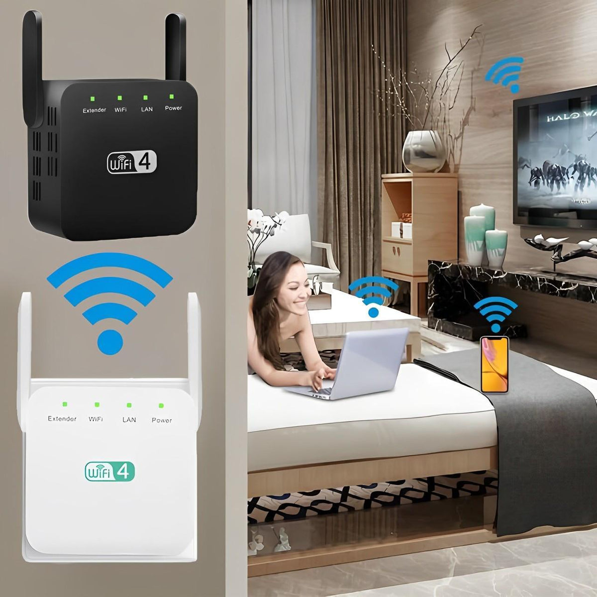 WiFi Range Extender with High-Gain Antennas and Gigabit LAN Port, Dual-Band Coverage
