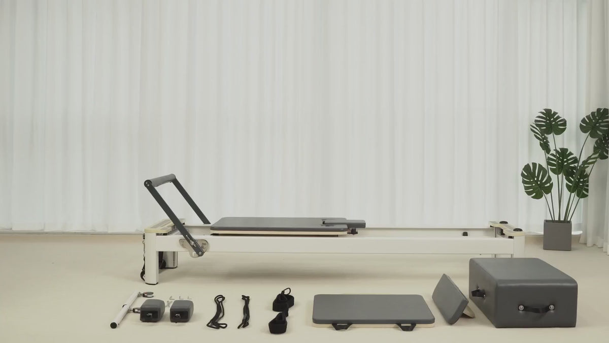 Load video: Step-by-step assembly of the Reformesa Aluminum Pilates Reformer, shown in White