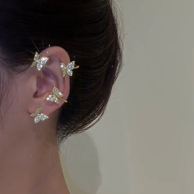 Clip on Earrings with Adjustable Tension and Cubic Zirconia Accents, Butterfly Leaf Star