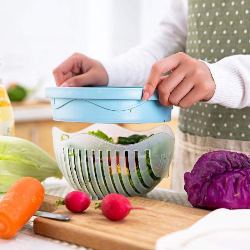 Salad Cutter with Guided Slot System and Safety Cover, Compact Stackable Design