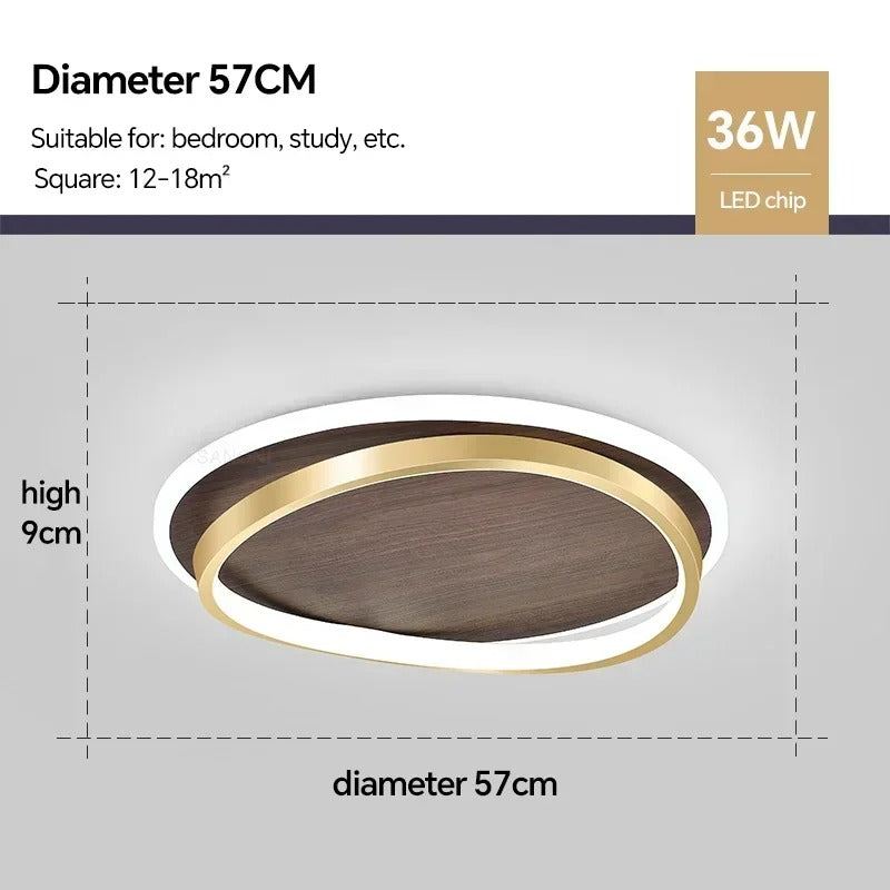 LED Modern Ceiling Lamp | Walnut & Gold Round Design